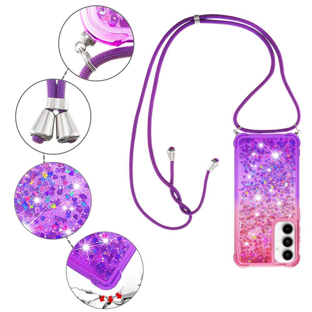 For Samsung Galaxy A57 5G Phone Case Gradient Quicksand TPU Back Cover with Long Strap - Pink/Purple