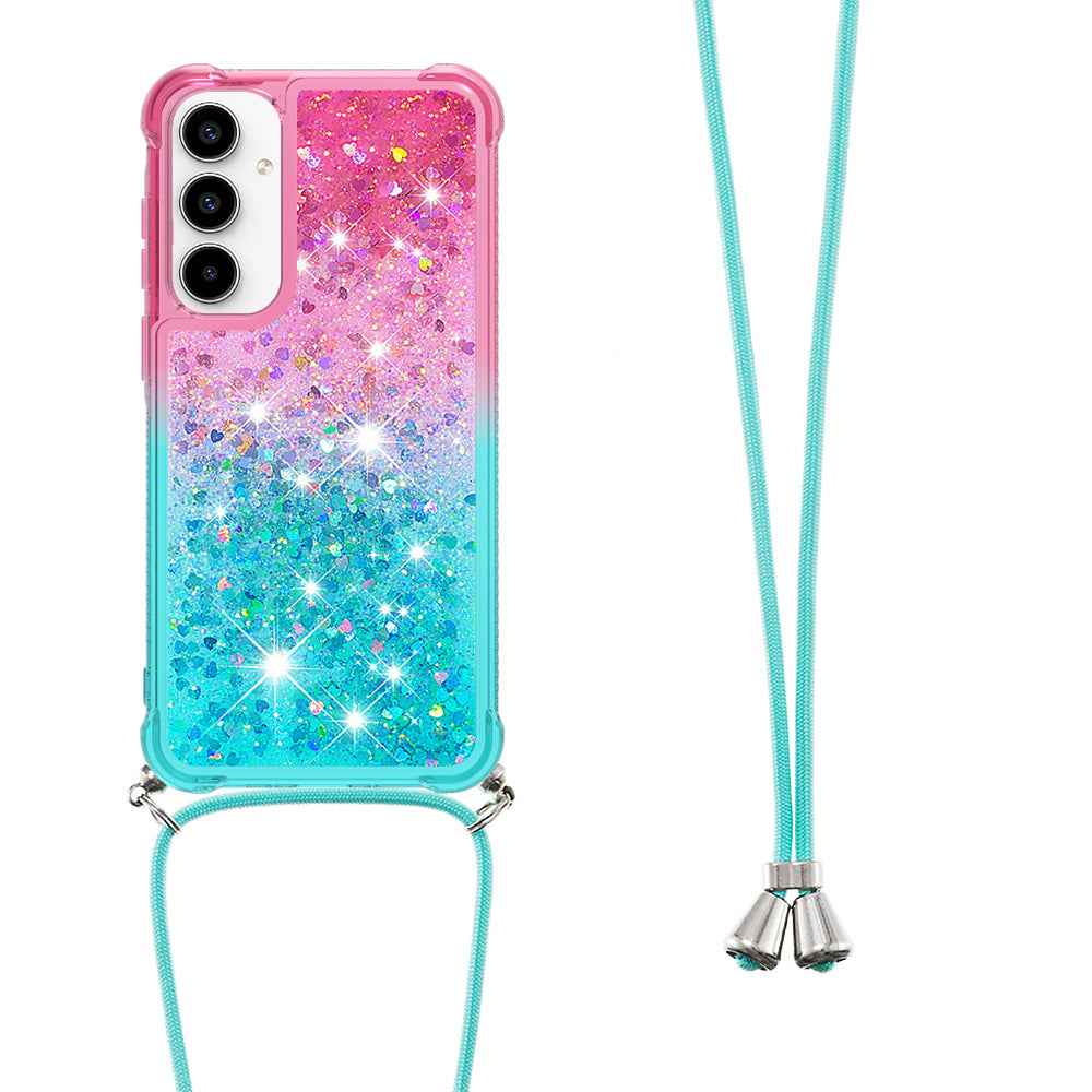 For Samsung Galaxy A57 5G Phone Case Gradient Quicksand TPU Back Cover with Long Strap - Pink/Sky Blue