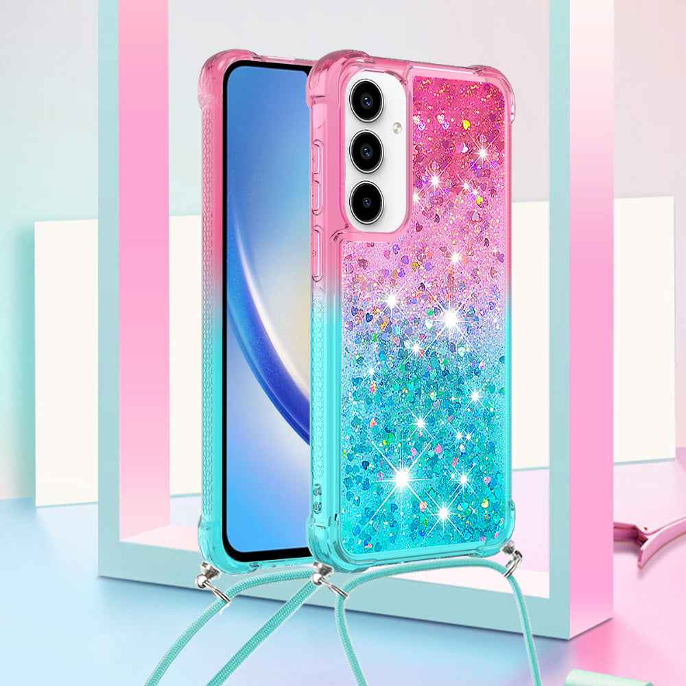 For Samsung Galaxy A57 5G Phone Case Gradient Quicksand TPU Back Cover with Long Strap - Pink/Sky Blue