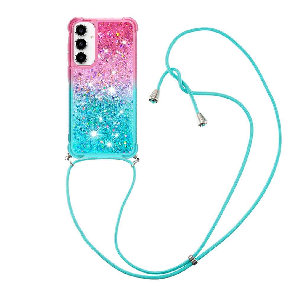 For Samsung Galaxy A57 5G Phone Case Gradient Quicksand TPU Back Cover with Long Strap - Pink/Sky Blue