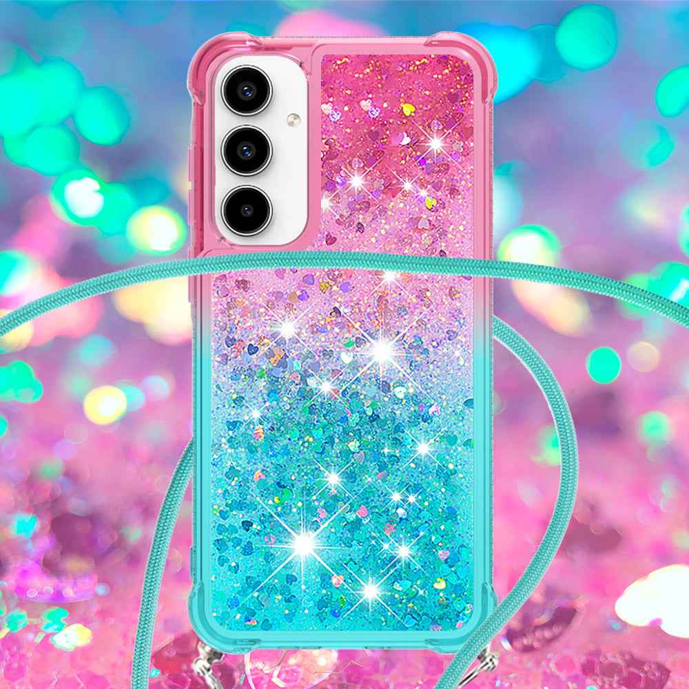 For Samsung Galaxy A57 5G Phone Case Gradient Quicksand TPU Back Cover with Long Strap - Pink/Sky Blue