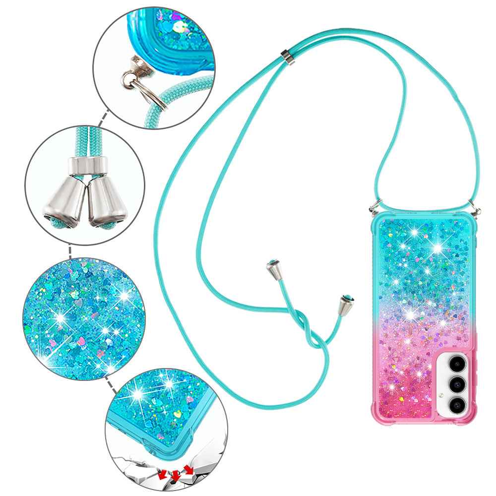 For Samsung Galaxy A57 5G Phone Case Gradient Quicksand TPU Back Cover with Long Strap - Pink/Sky Blue