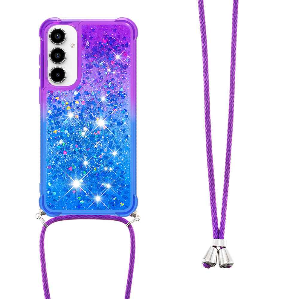 For Samsung Galaxy A57 5G Phone Case Gradient Quicksand TPU Back Cover with Long Strap - Purple/Blue