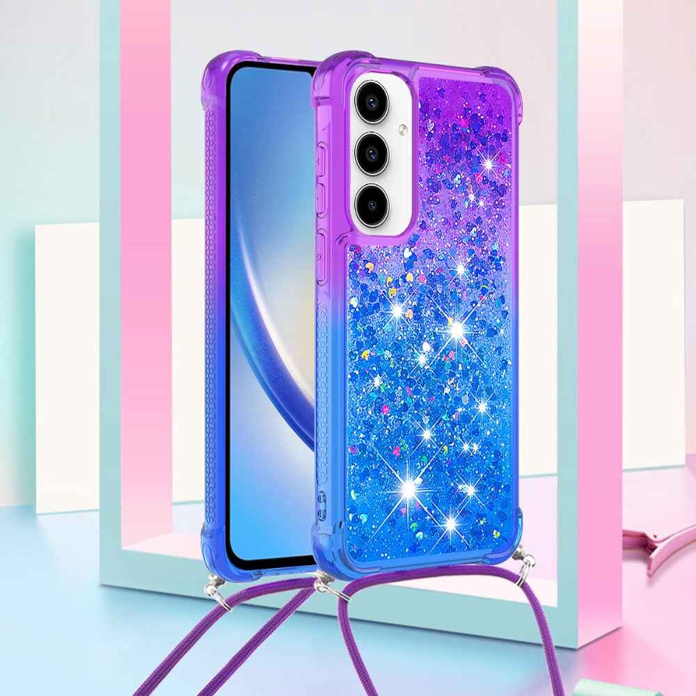 For Samsung Galaxy A57 5G Phone Case Gradient Quicksand TPU Back Cover with Long Strap - Purple/Blue