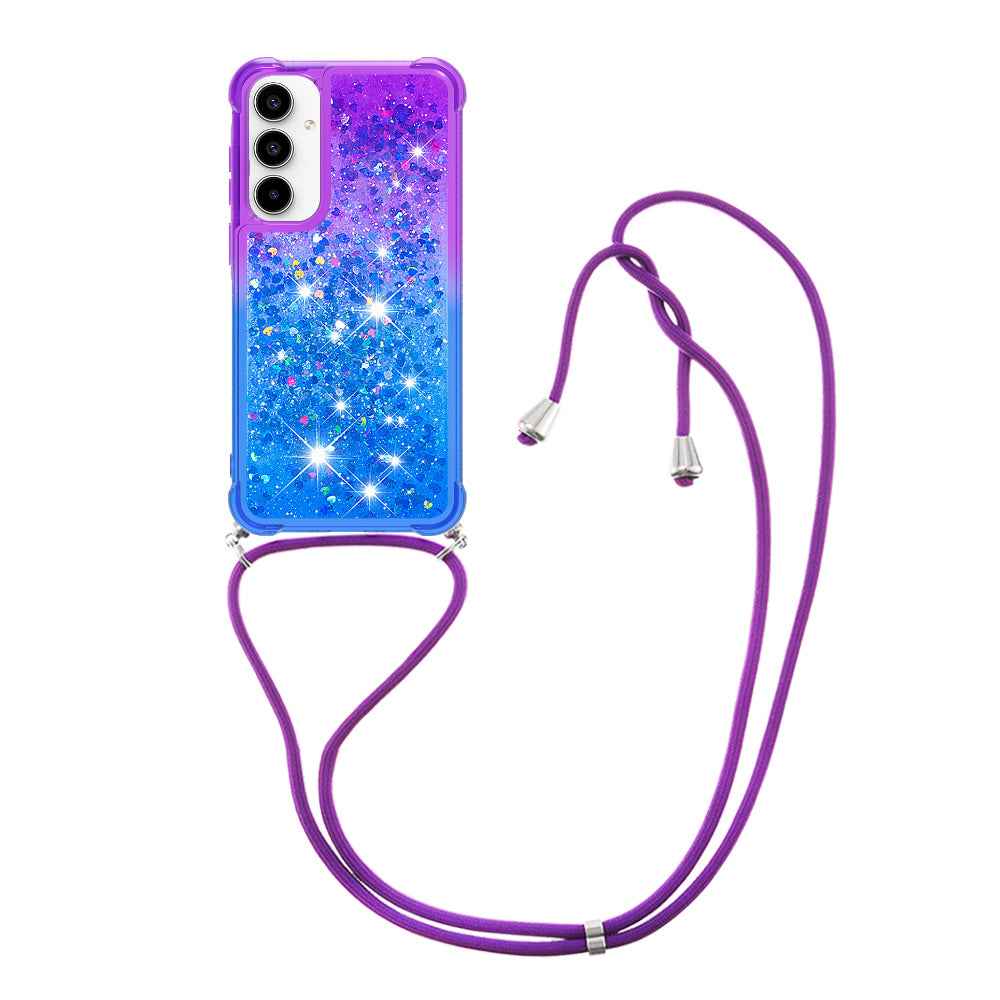 For Samsung Galaxy A57 5G Phone Case Gradient Quicksand TPU Back Cover with Long Strap - Purple/Blue