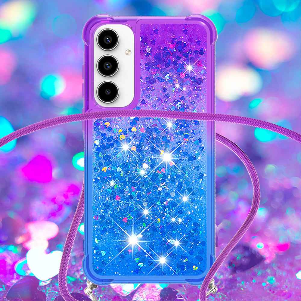 For Samsung Galaxy A57 5G Phone Case Gradient Quicksand TPU Back Cover with Long Strap - Purple/Blue