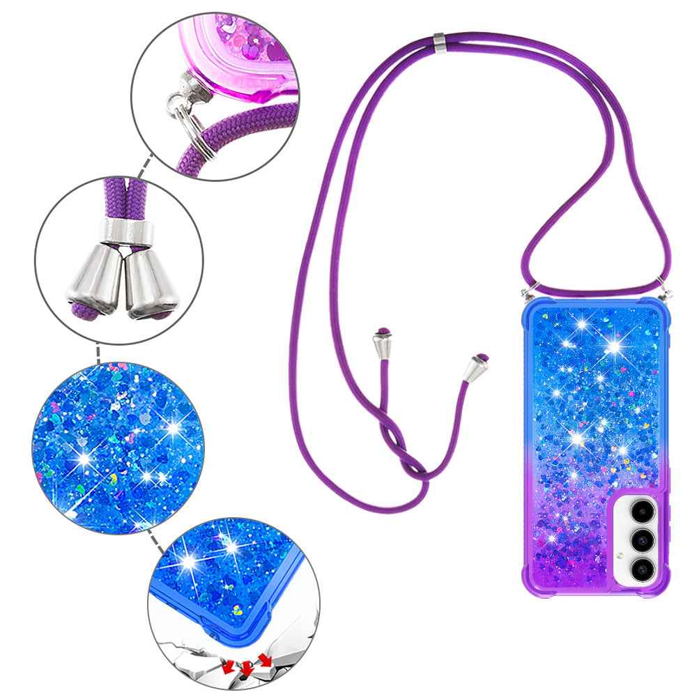 For Samsung Galaxy A57 5G Phone Case Gradient Quicksand TPU Back Cover with Long Strap - Purple/Blue