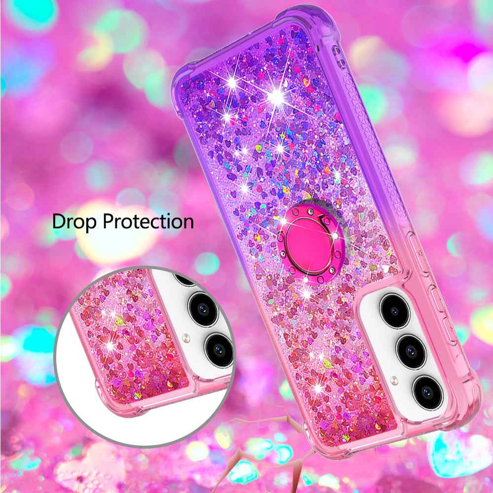 For Samsung Galaxy A57 5G TPU Case with Kickstand Gradiant Quicksand Shockproof Cover - Pink+Purple
