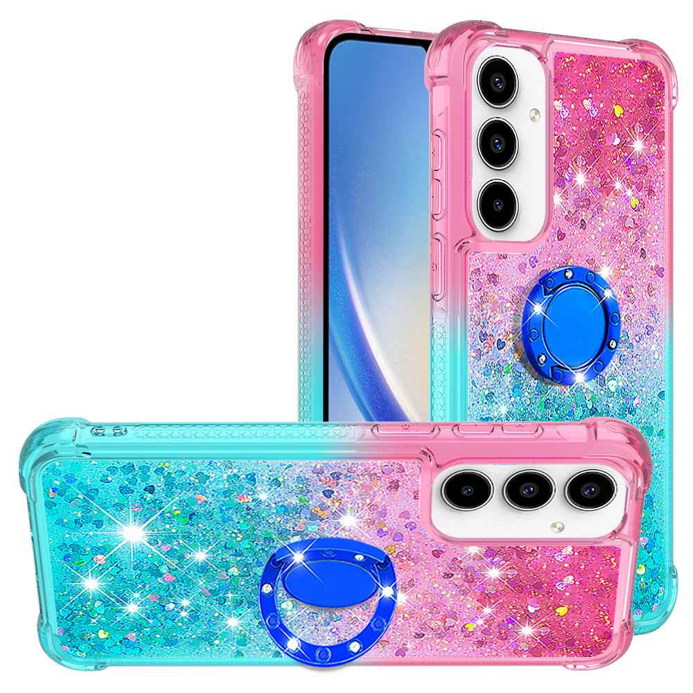 For Samsung Galaxy A57 5G TPU Case with Kickstand Gradiant Quicksand Shockproof Cover - Pink+Sky Blue
