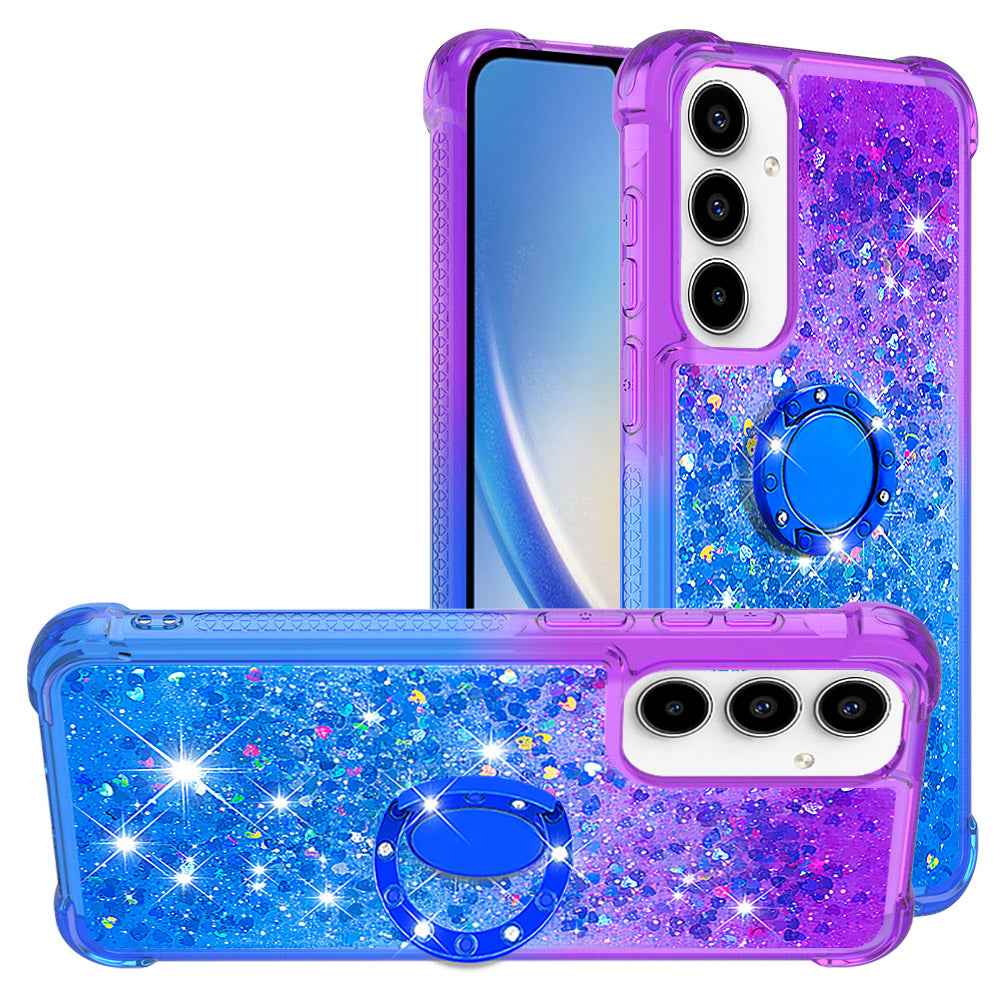 For Samsung Galaxy A57 5G TPU Case with Kickstand Gradiant Quicksand Shockproof Cover - Purple+Sky Blue