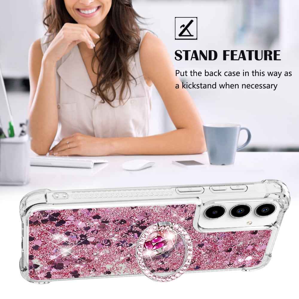 For Samsung Galaxy A57 5G TPU Case with Kickstand Quicksand Shockproof Cover - Rose Gold / Hearts