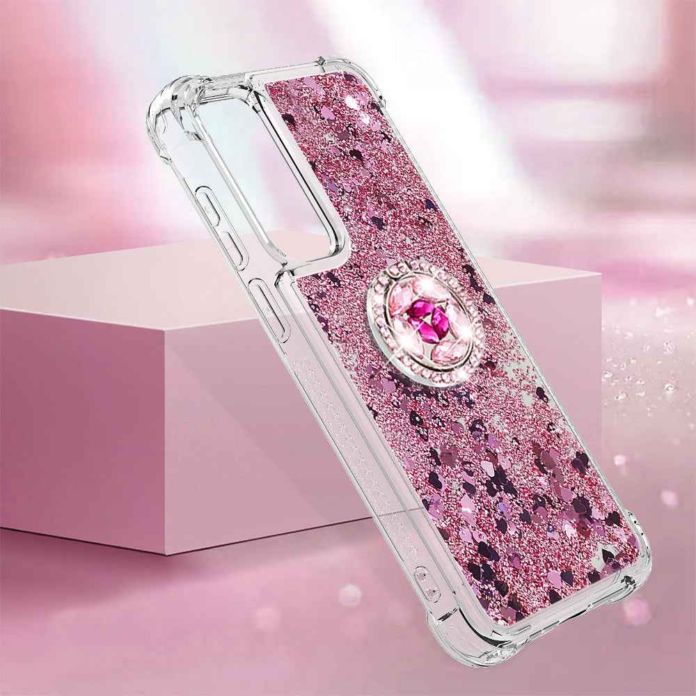 For Samsung Galaxy A57 5G TPU Case with Kickstand Quicksand Shockproof Cover - Rose Gold / Hearts