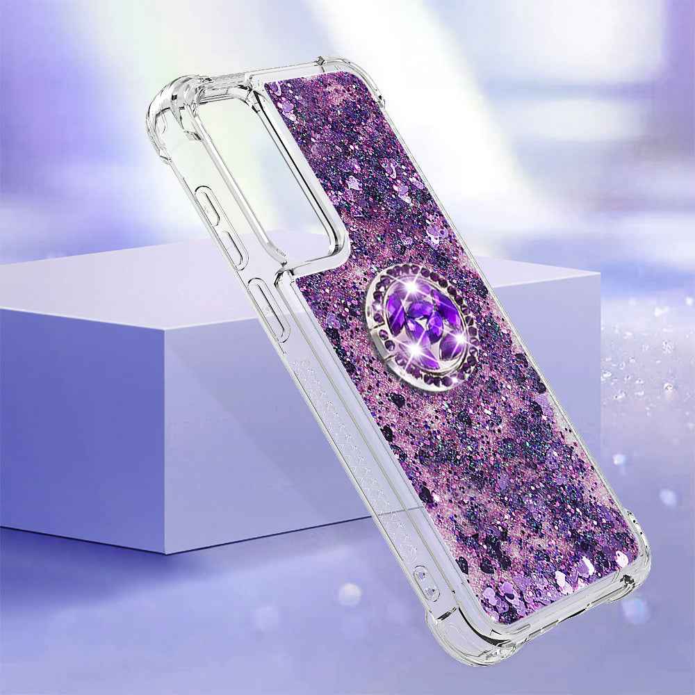 For Samsung Galaxy A57 5G TPU Case with Kickstand Quicksand Shockproof Cover - Dark Purple / Heart