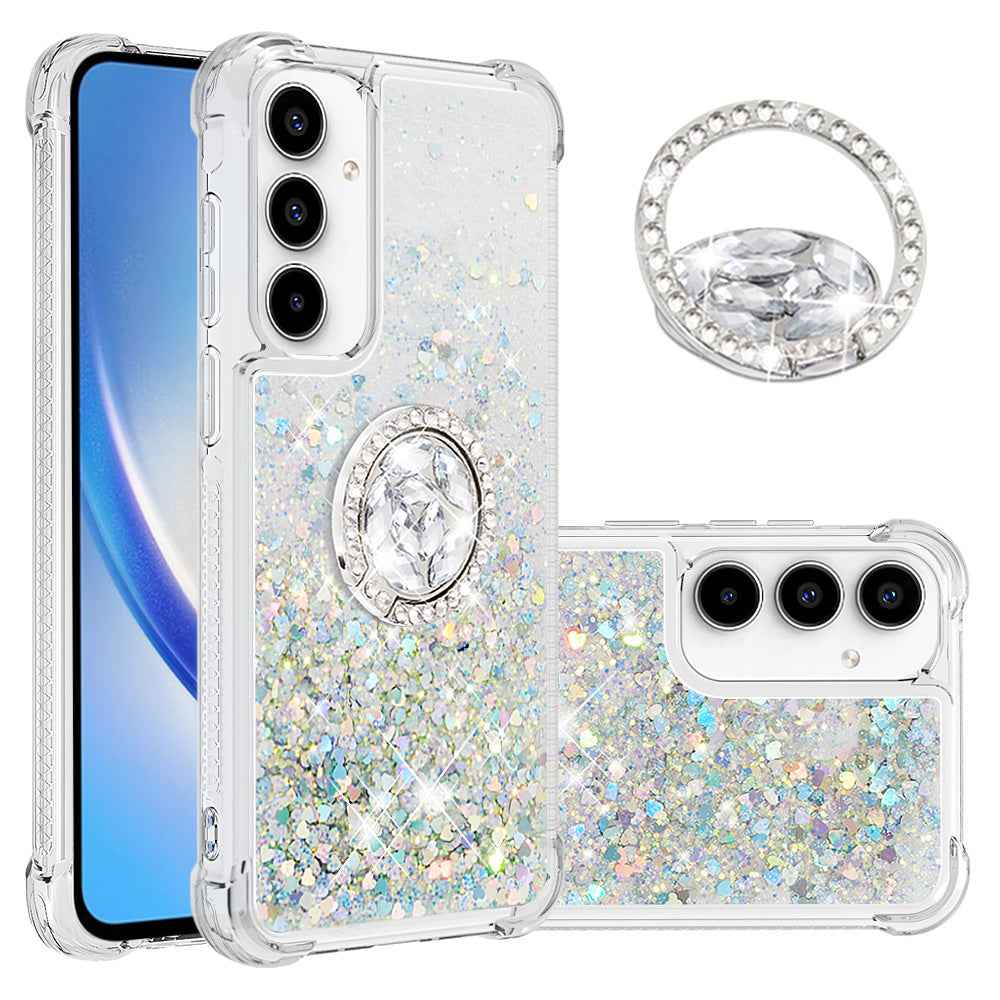 For Samsung Galaxy A57 5G TPU Case with Kickstand Quicksand Shockproof Cover - Silver / Hearts