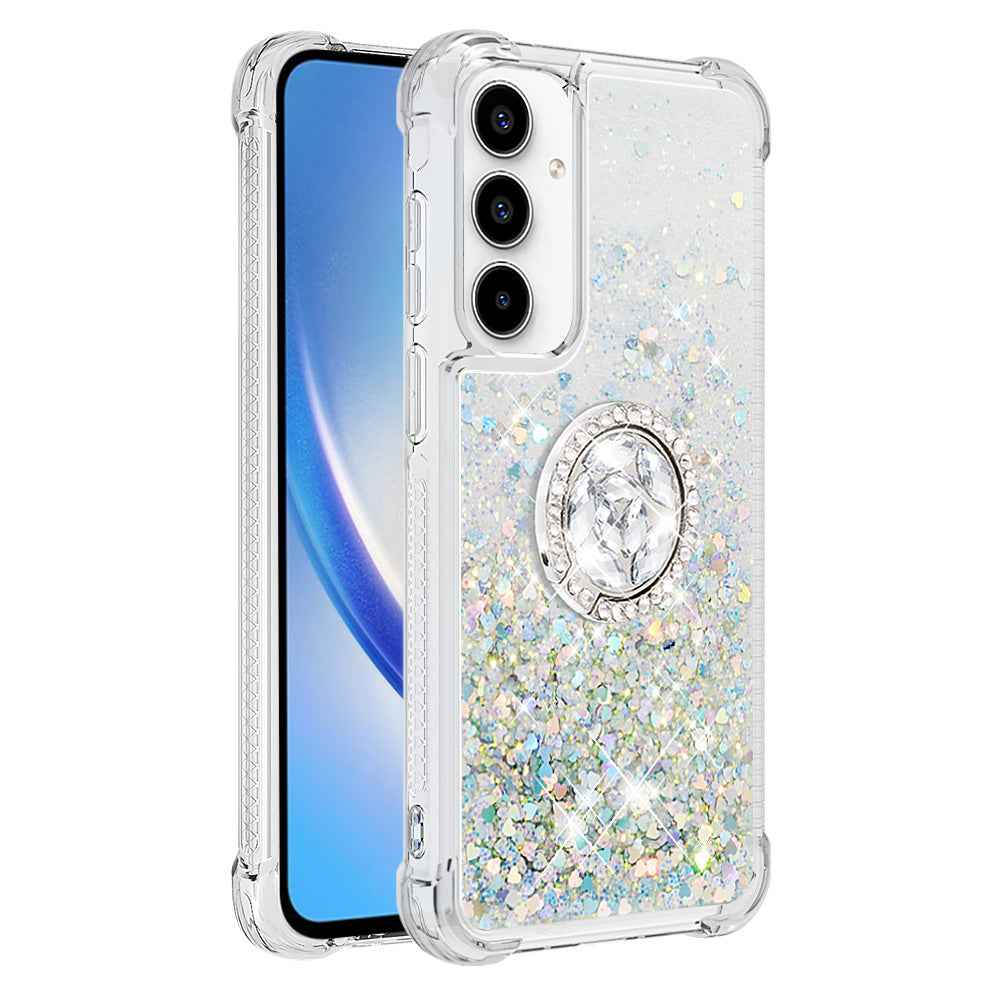 For Samsung Galaxy A57 5G TPU Case with Kickstand Quicksand Shockproof Cover - Silver / Hearts