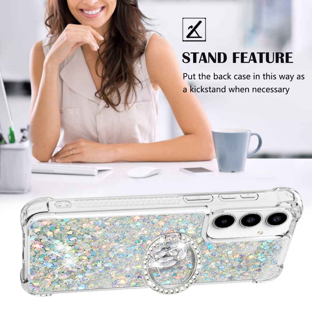 For Samsung Galaxy A57 5G TPU Case with Kickstand Quicksand Shockproof Cover - Silver / Hearts