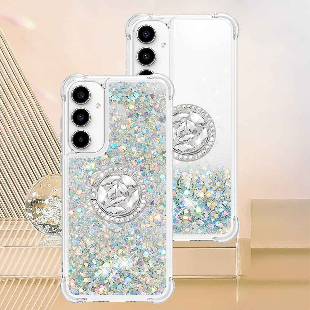 For Samsung Galaxy A57 5G TPU Case with Kickstand Quicksand Shockproof Cover - Silver / Hearts