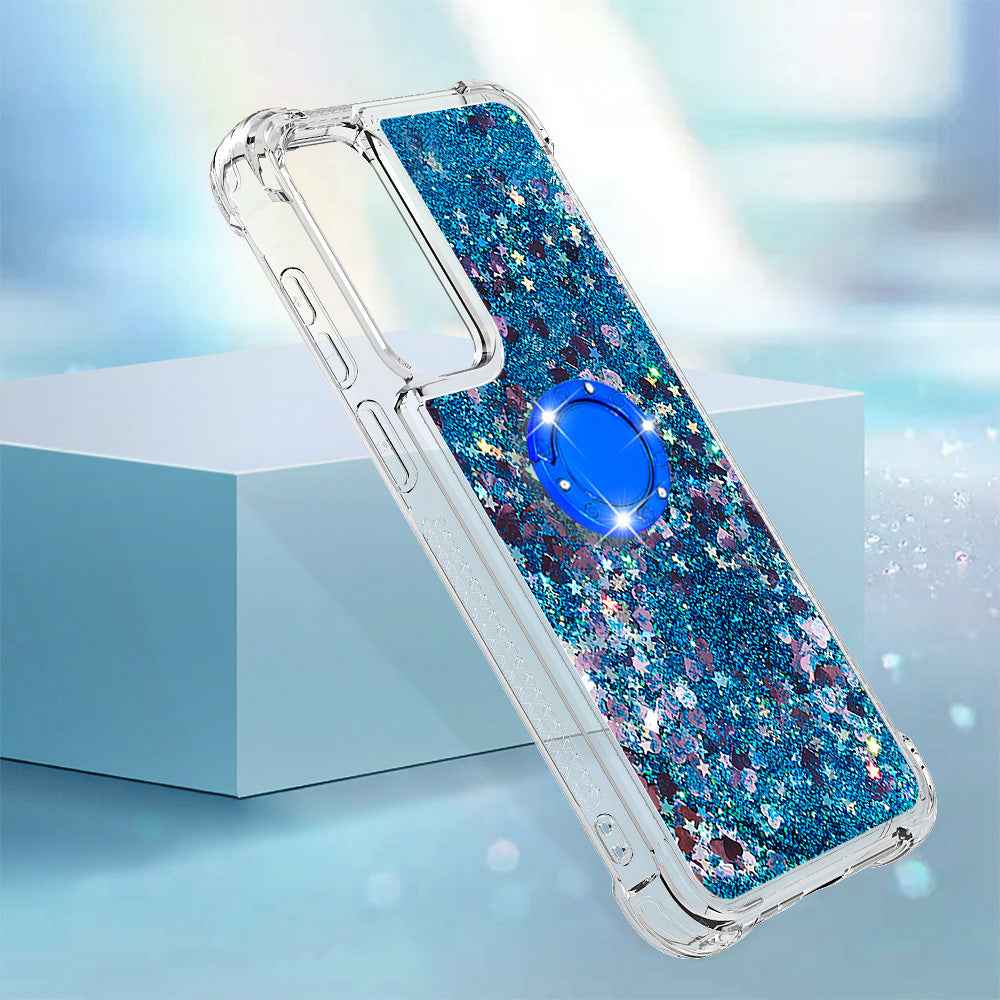 For Samsung Galaxy A57 5G TPU Case with Kickstand Quicksand Shockproof Cover - Blue / Hearts