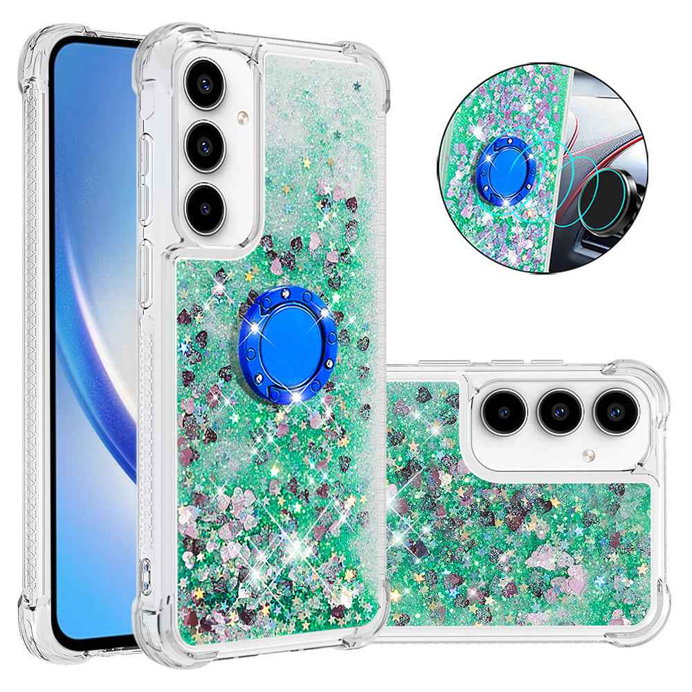 For Samsung Galaxy A57 5G TPU Case with Kickstand Quicksand Shockproof Cover - Green / Hearts