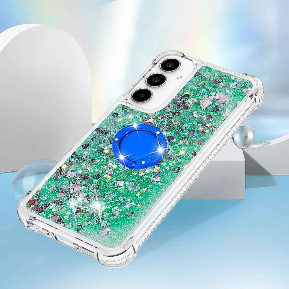 For Samsung Galaxy A57 5G TPU Case with Kickstand Quicksand Shockproof Cover - Green / Hearts