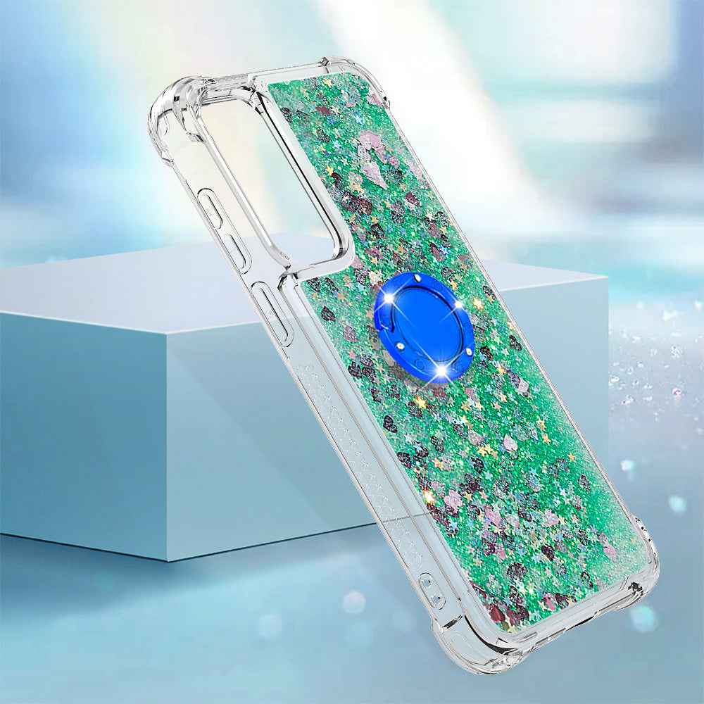 For Samsung Galaxy A57 5G TPU Case with Kickstand Quicksand Shockproof Cover - Green / Hearts