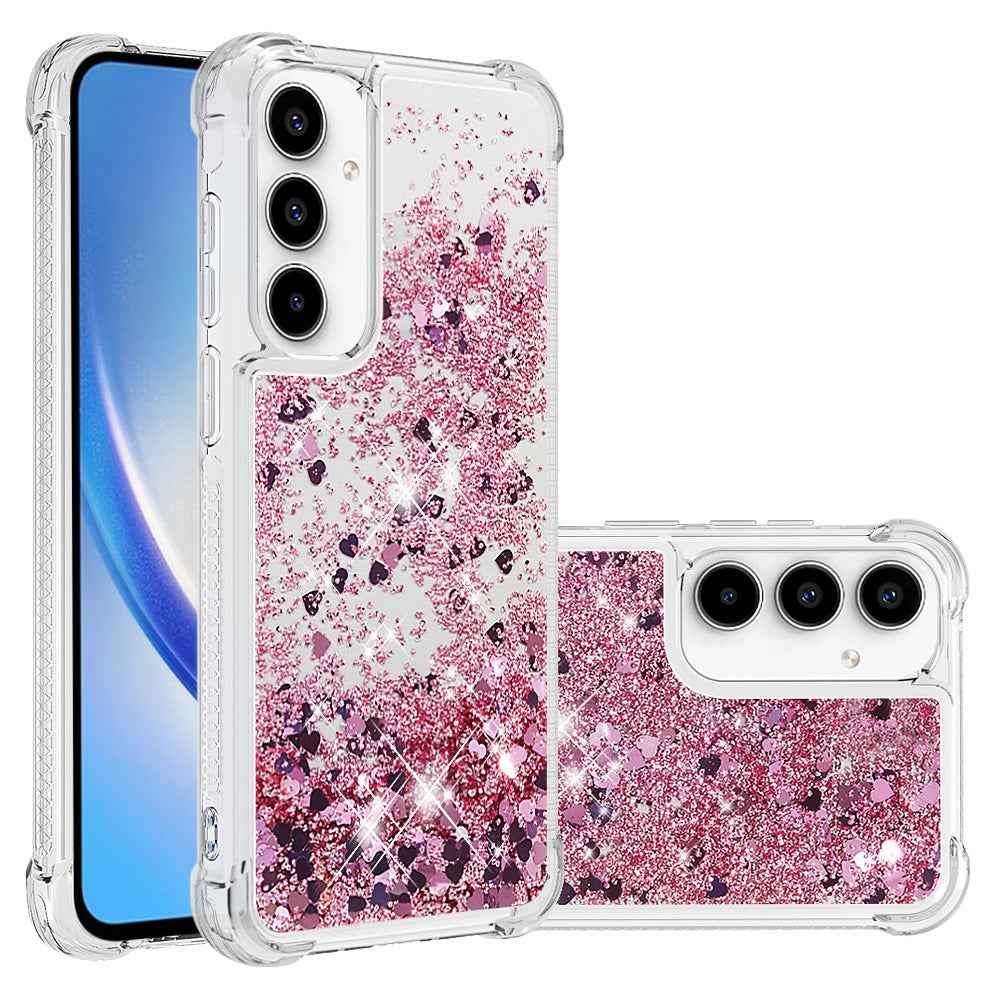 For Samsung Galaxy A57 5G TPU Case Glitter Quicksand Shockproof Phone Back Cover - Rose Gold / Hearts