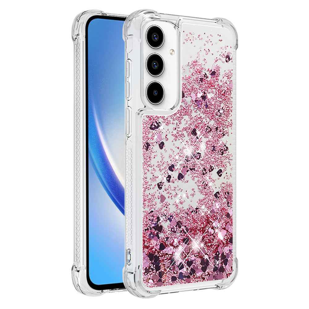 For Samsung Galaxy A57 5G TPU Case Glitter Quicksand Shockproof Phone Back Cover - Rose Gold / Hearts