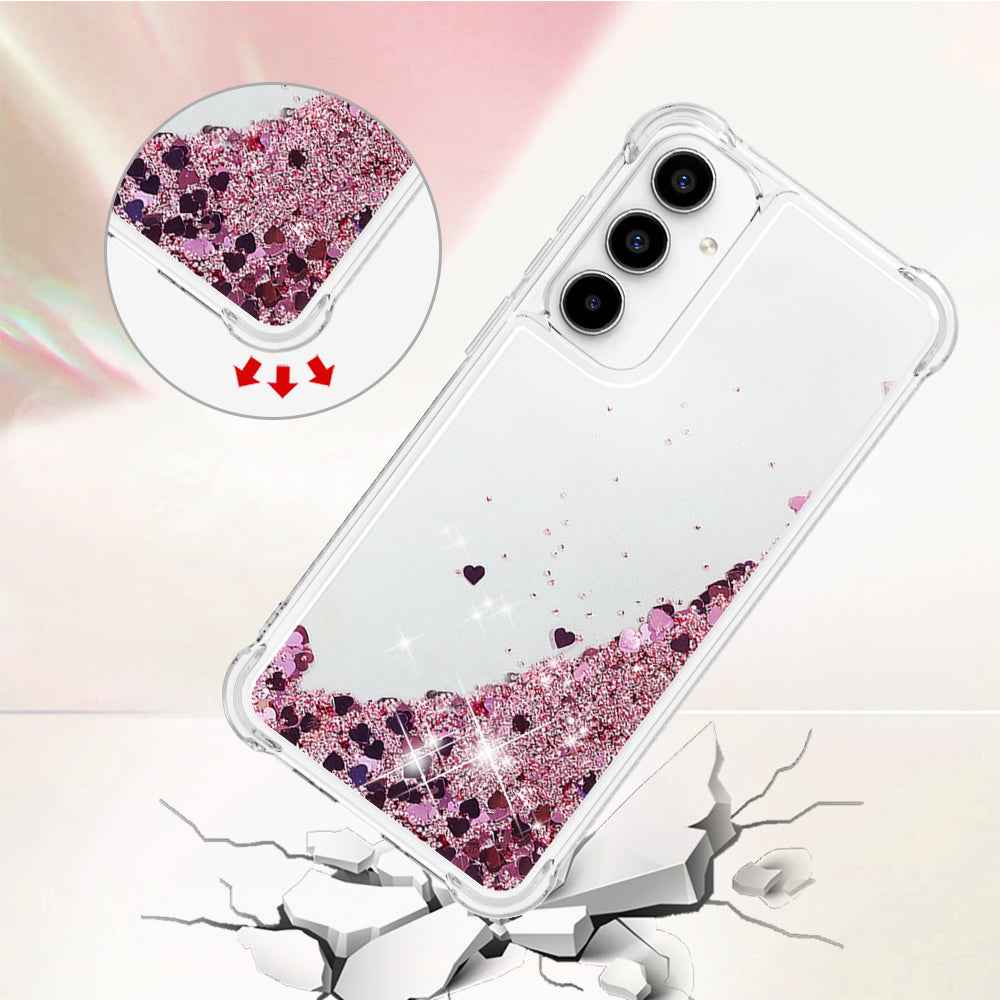 For Samsung Galaxy A57 5G TPU Case Glitter Quicksand Shockproof Phone Back Cover - Rose Gold / Hearts