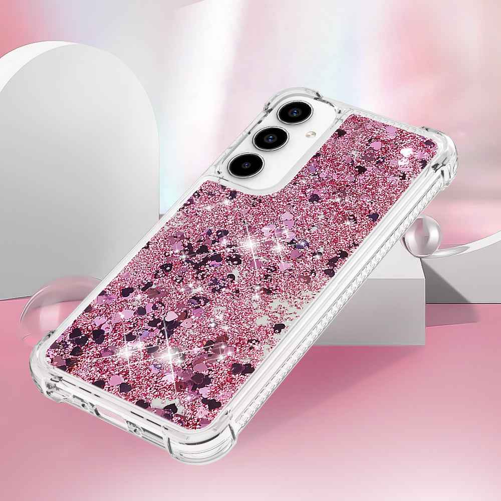 For Samsung Galaxy A57 5G TPU Case Glitter Quicksand Shockproof Phone Back Cover - Rose Gold / Hearts