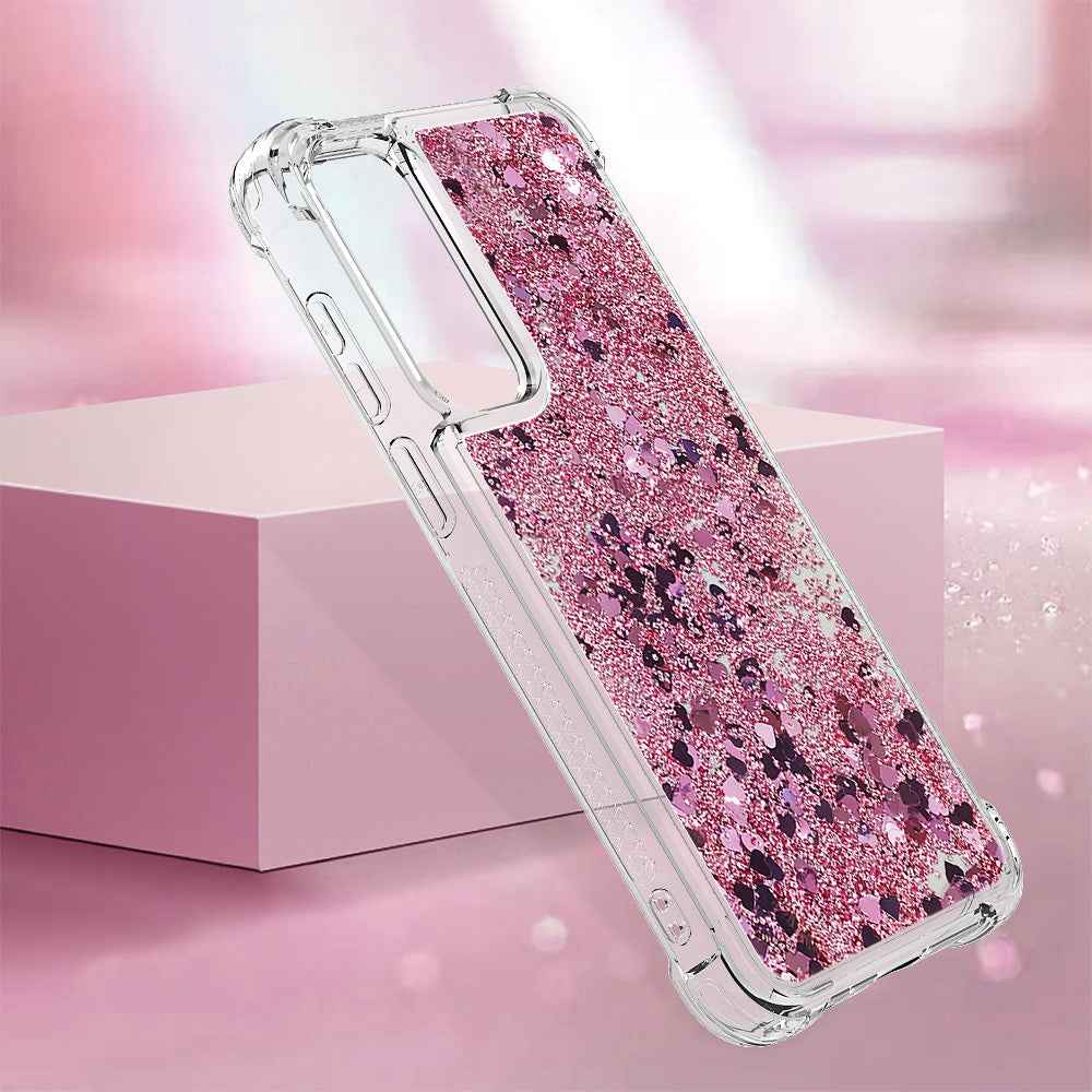For Samsung Galaxy A57 5G TPU Case Glitter Quicksand Shockproof Phone Back Cover - Rose Gold / Hearts
