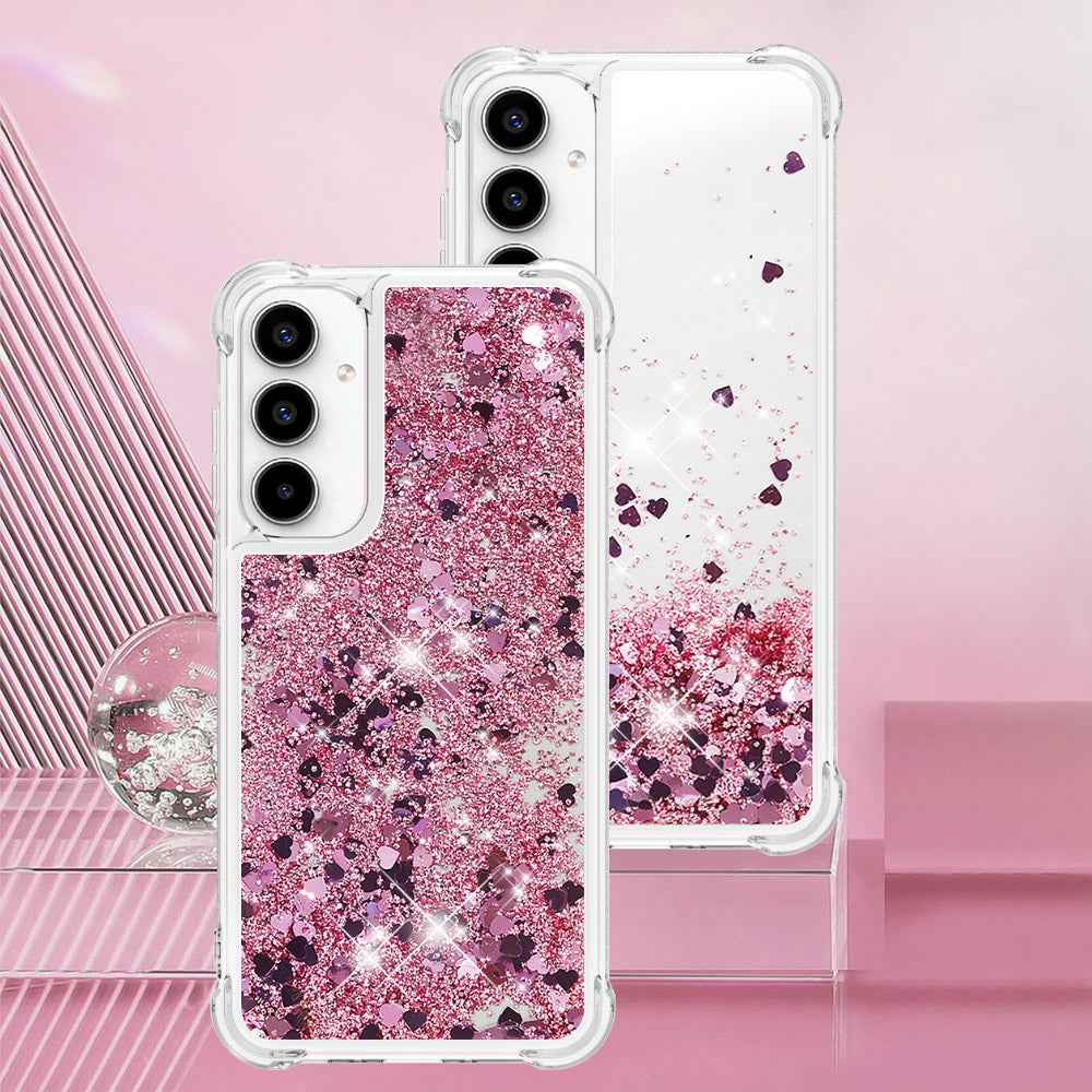 For Samsung Galaxy A57 5G TPU Case Glitter Quicksand Shockproof Phone Back Cover - Rose Gold / Hearts