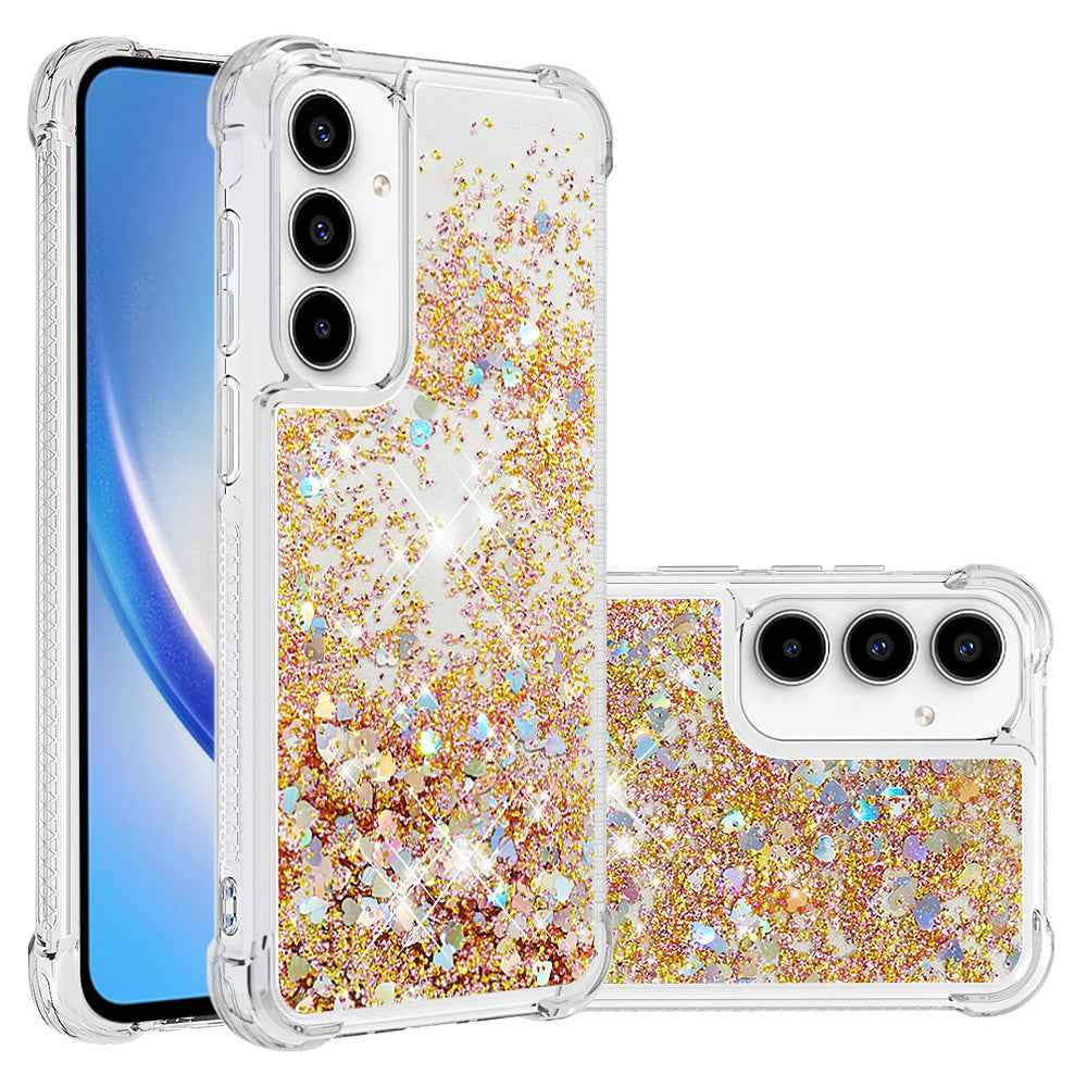 For Samsung Galaxy A57 5G TPU Case Glitter Quicksand Shockproof Phone Back Cover - Gold / Hearts