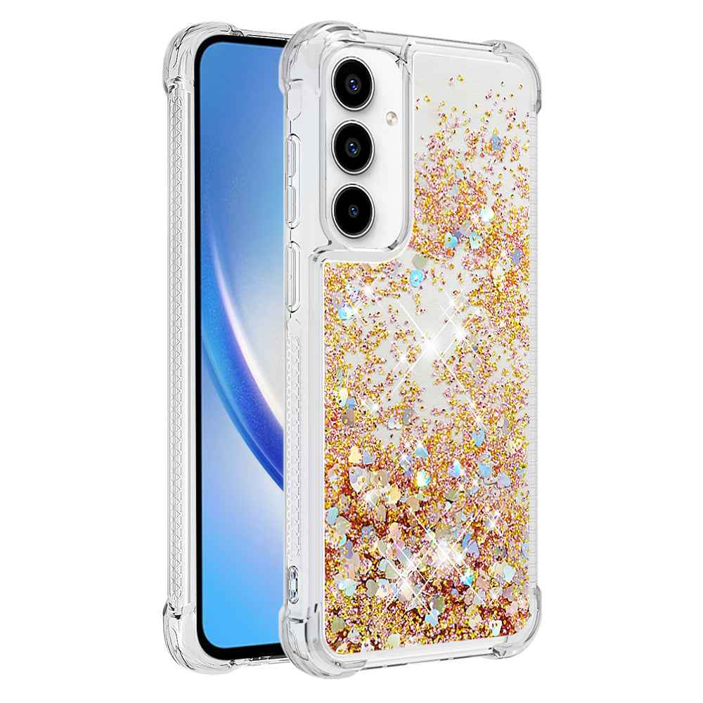 For Samsung Galaxy A57 5G TPU Case Glitter Quicksand Shockproof Phone Back Cover - Gold / Hearts