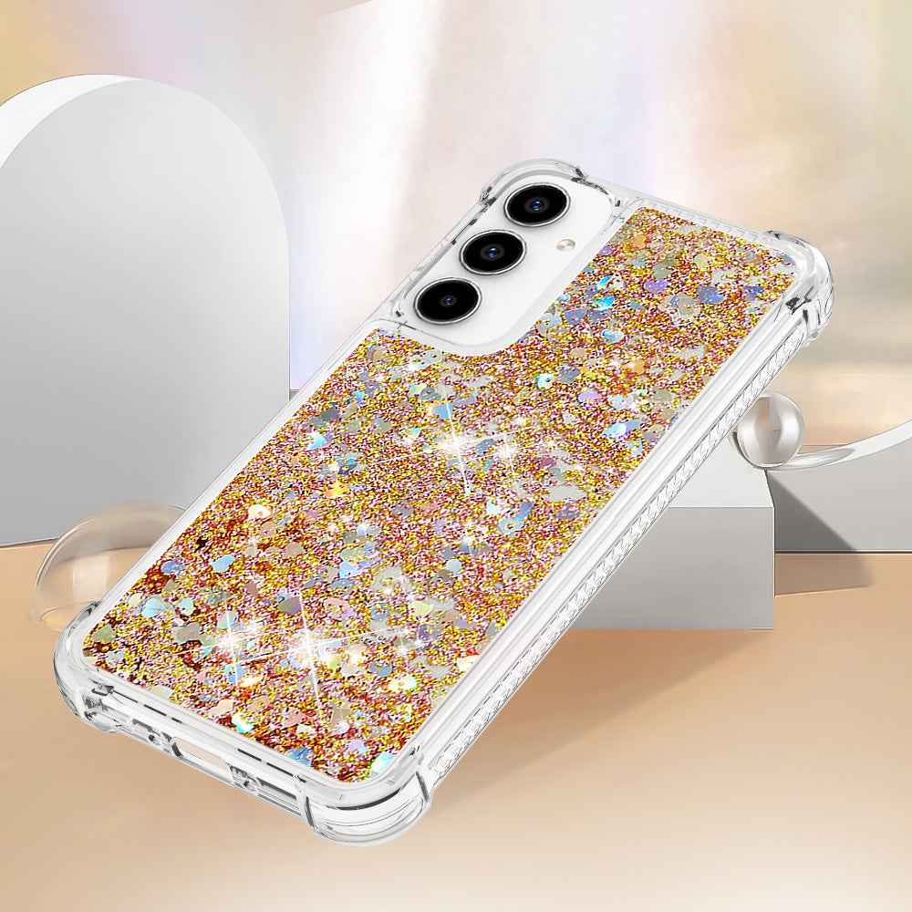 For Samsung Galaxy A57 5G TPU Case Glitter Quicksand Shockproof Phone Back Cover - Gold / Hearts