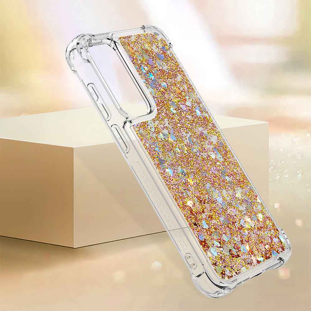 For Samsung Galaxy A57 5G TPU Case Glitter Quicksand Shockproof Phone Back Cover - Gold / Hearts