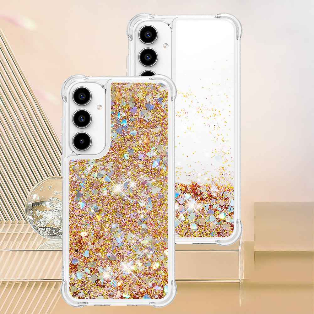 For Samsung Galaxy A57 5G TPU Case Glitter Quicksand Shockproof Phone Back Cover - Gold / Hearts