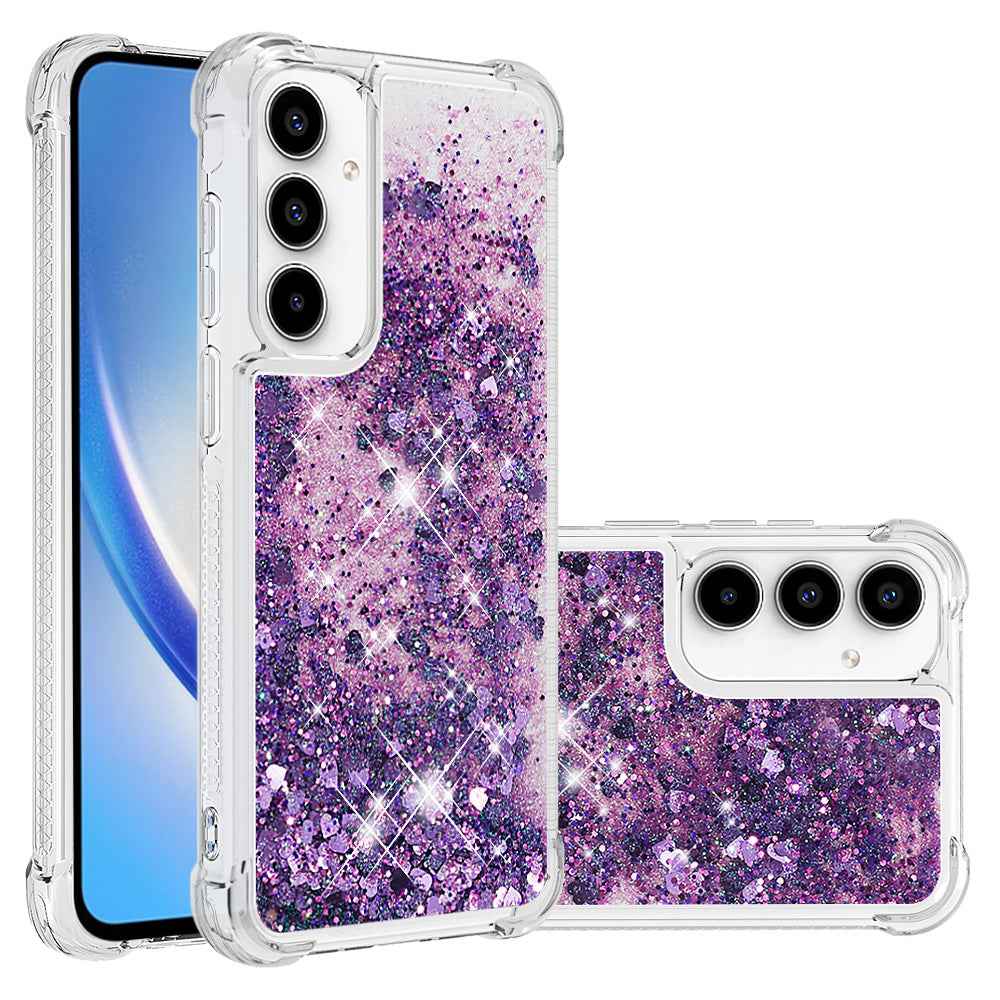For Samsung Galaxy A57 5G TPU Case Glitter Quicksand Shockproof Phone Back Cover - Dark Purple / Hearts