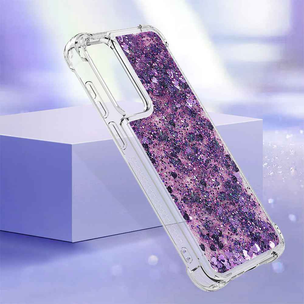 For Samsung Galaxy A57 5G TPU Case Glitter Quicksand Shockproof Phone Back Cover - Dark Purple / Hearts