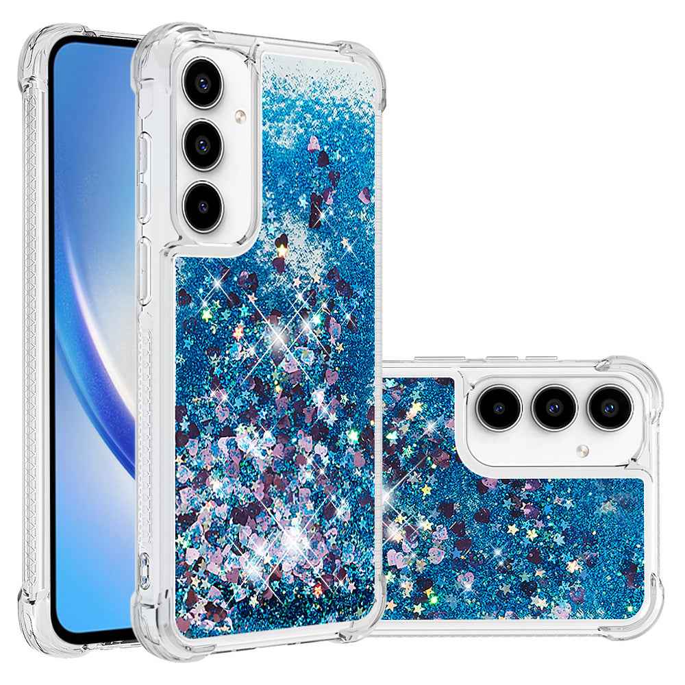 For Samsung Galaxy A57 5G TPU Case Glitter Quicksand Shockproof Phone Back Cover - Blue / Hearts