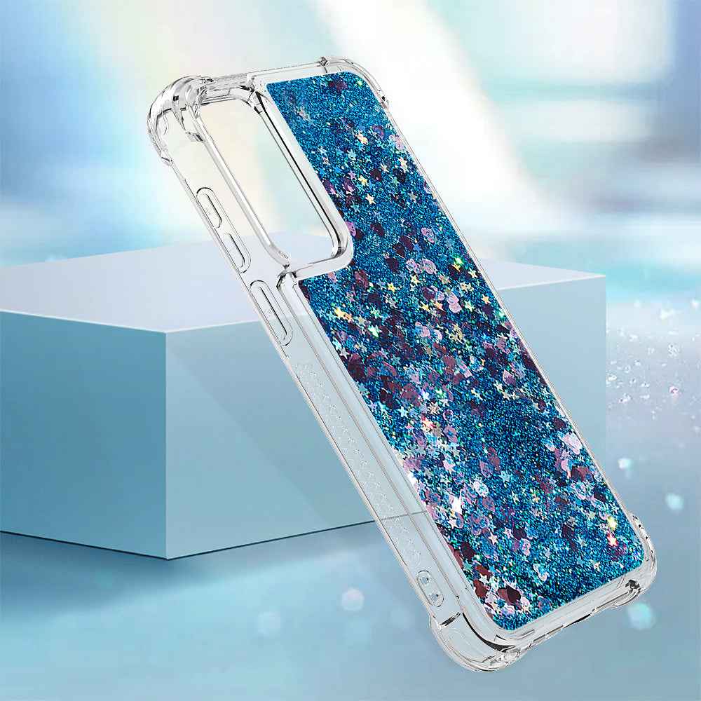 For Samsung Galaxy A57 5G TPU Case Glitter Quicksand Shockproof Phone Back Cover - Blue / Hearts