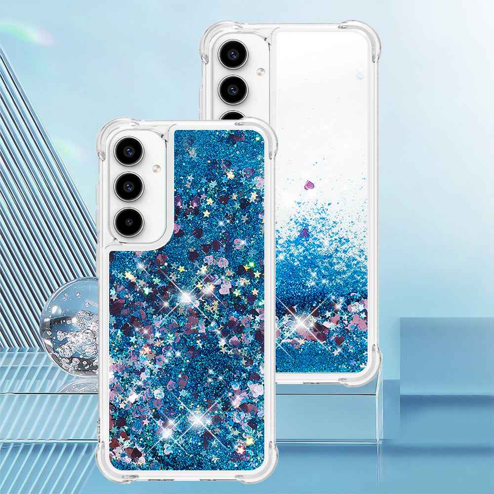For Samsung Galaxy A57 5G TPU Case Glitter Quicksand Shockproof Phone Back Cover - Blue / Hearts