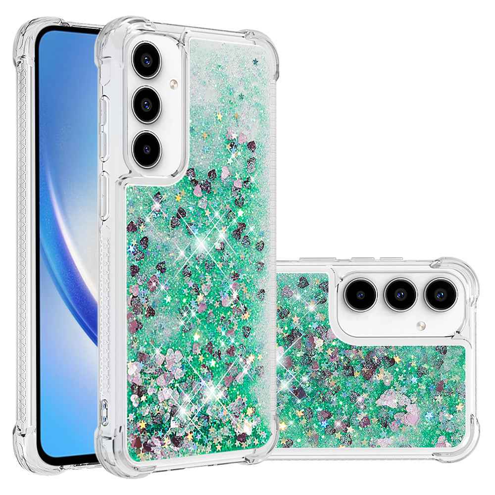 For Samsung Galaxy A57 5G TPU Case Glitter Quicksand Shockproof Phone Back Cover - Green / Hearts