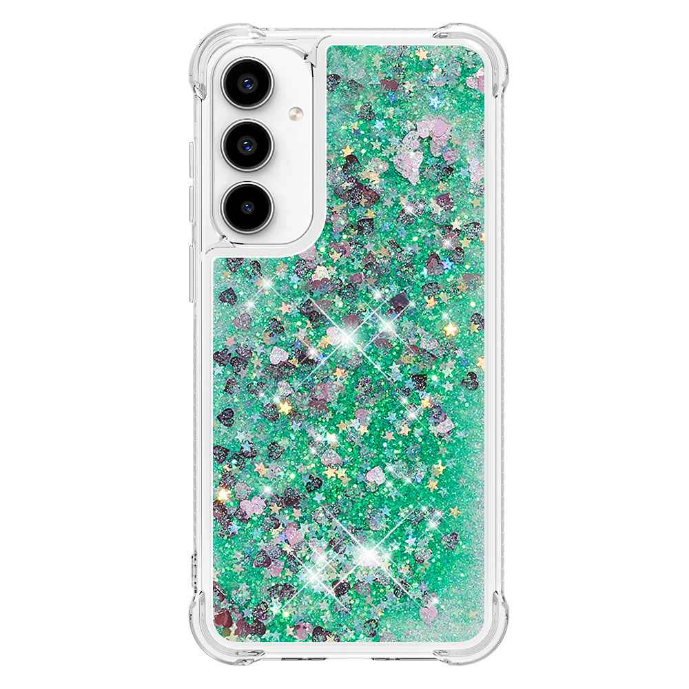 For Samsung Galaxy A57 5G TPU Case Glitter Quicksand Shockproof Phone Back Cover - Green / Hearts