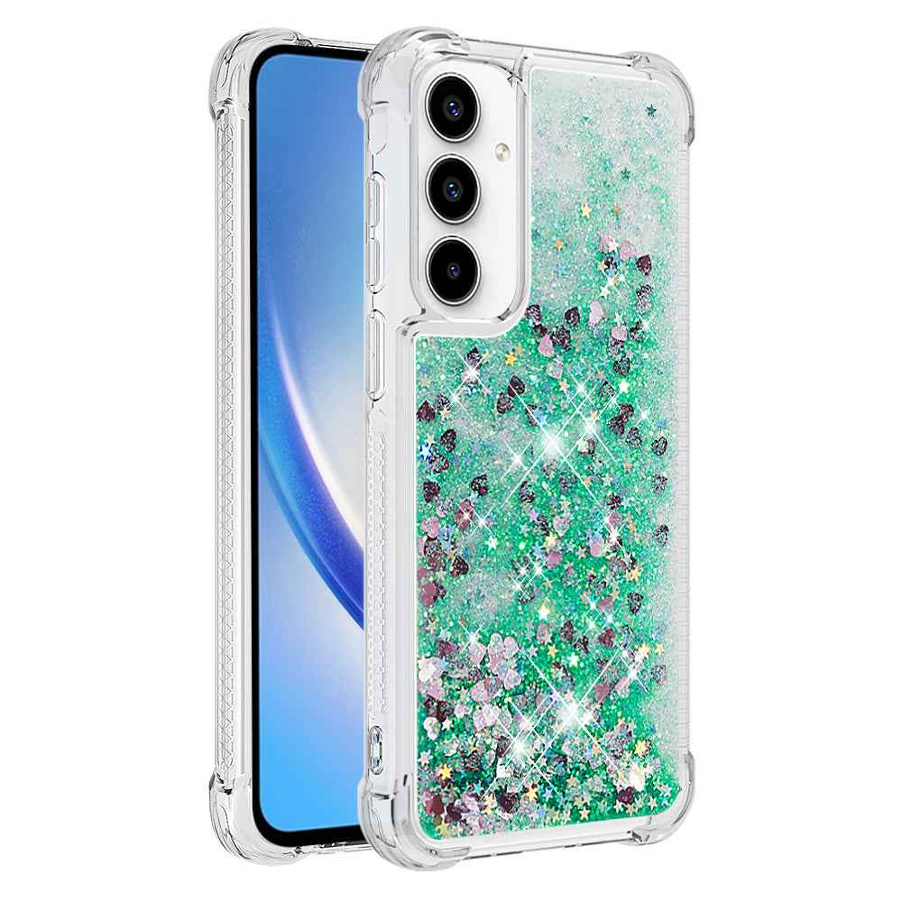 For Samsung Galaxy A57 5G TPU Case Glitter Quicksand Shockproof Phone Back Cover - Green / Hearts