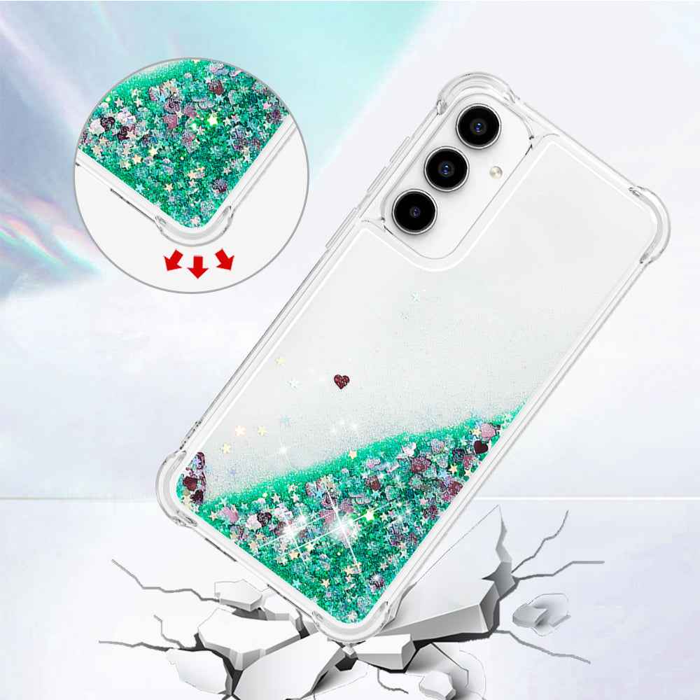 For Samsung Galaxy A57 5G TPU Case Glitter Quicksand Shockproof Phone Back Cover - Green / Hearts