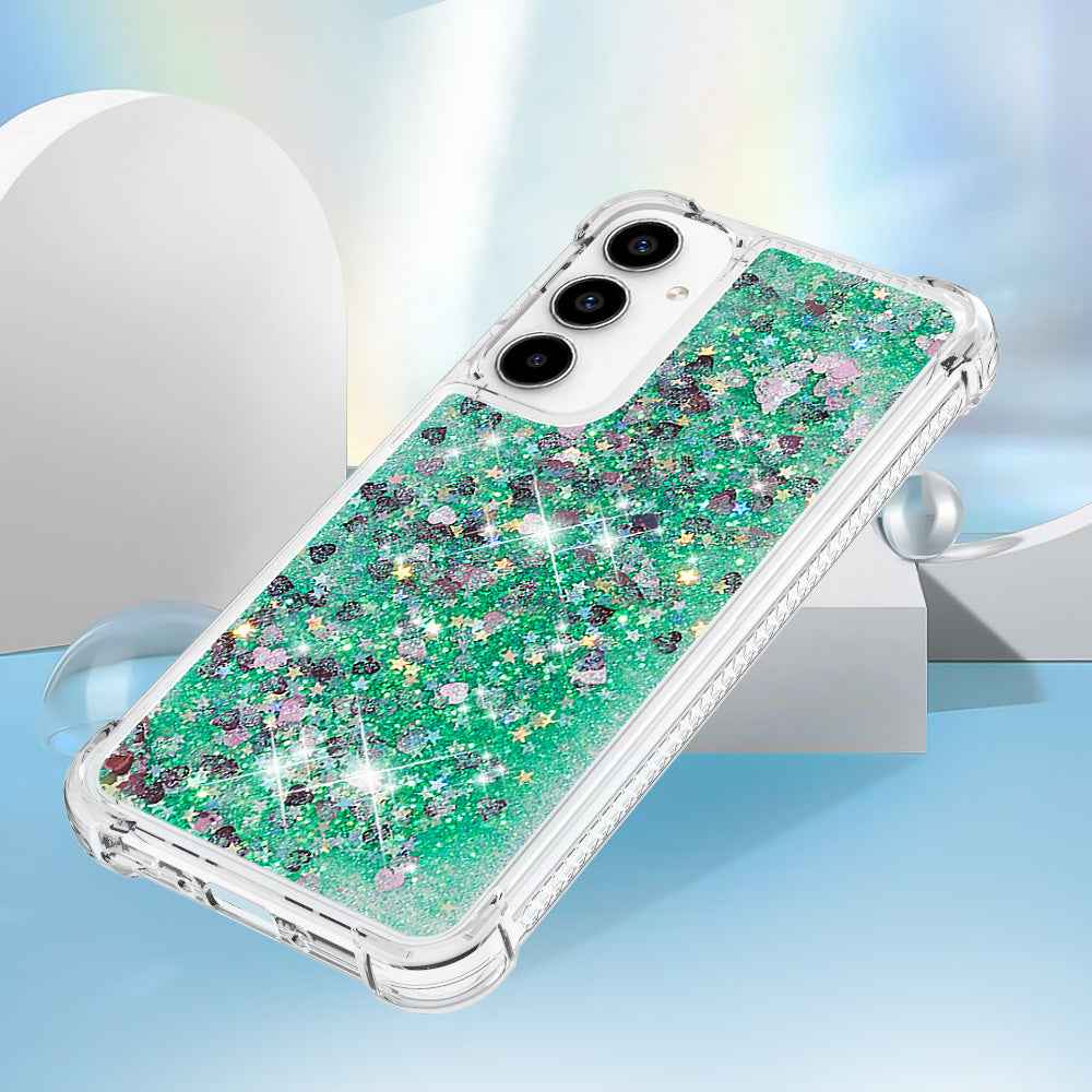 For Samsung Galaxy A57 5G TPU Case Glitter Quicksand Shockproof Phone Back Cover - Green / Hearts