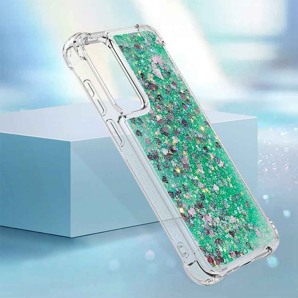 For Samsung Galaxy A57 5G TPU Case Glitter Quicksand Shockproof Phone Back Cover - Green / Hearts
