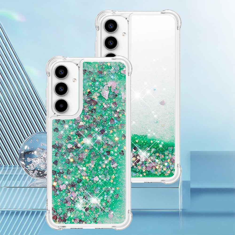 For Samsung Galaxy A57 5G TPU Case Glitter Quicksand Shockproof Phone Back Cover - Green / Hearts