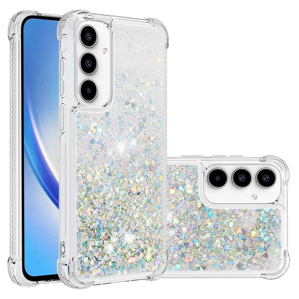 For Samsung Galaxy A57 5G TPU Case Glitter Quicksand Shockproof Phone Back Cover - Silver / Hearts