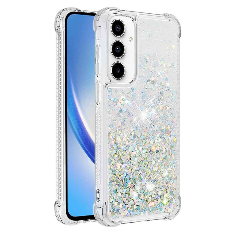 For Samsung Galaxy A57 5G TPU Case Glitter Quicksand Shockproof Phone Back Cover - Silver / Hearts